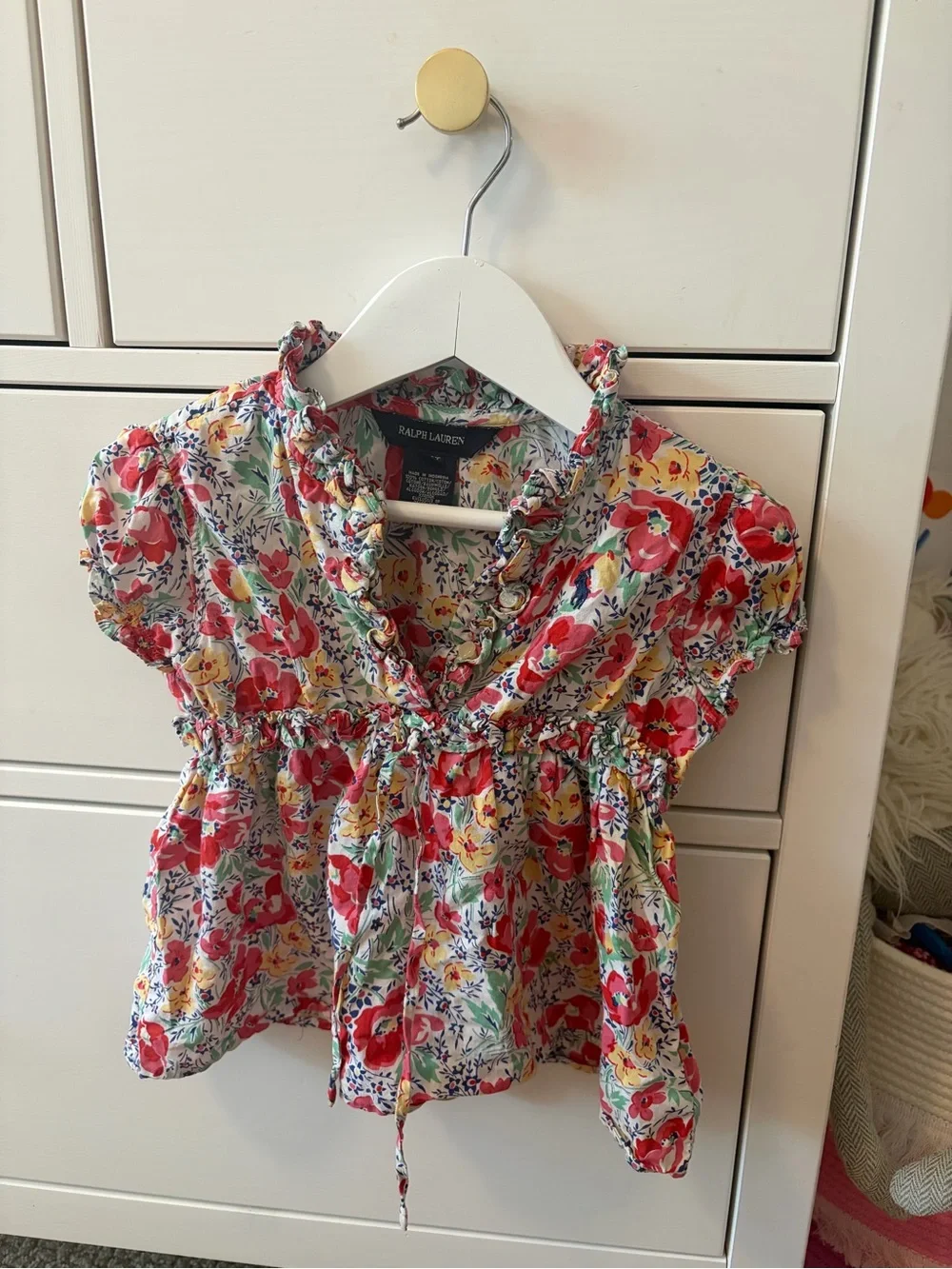 Ralph Lauren Girls 4 4T Red Floral Blouse Navy Polo Logo Preppy Top